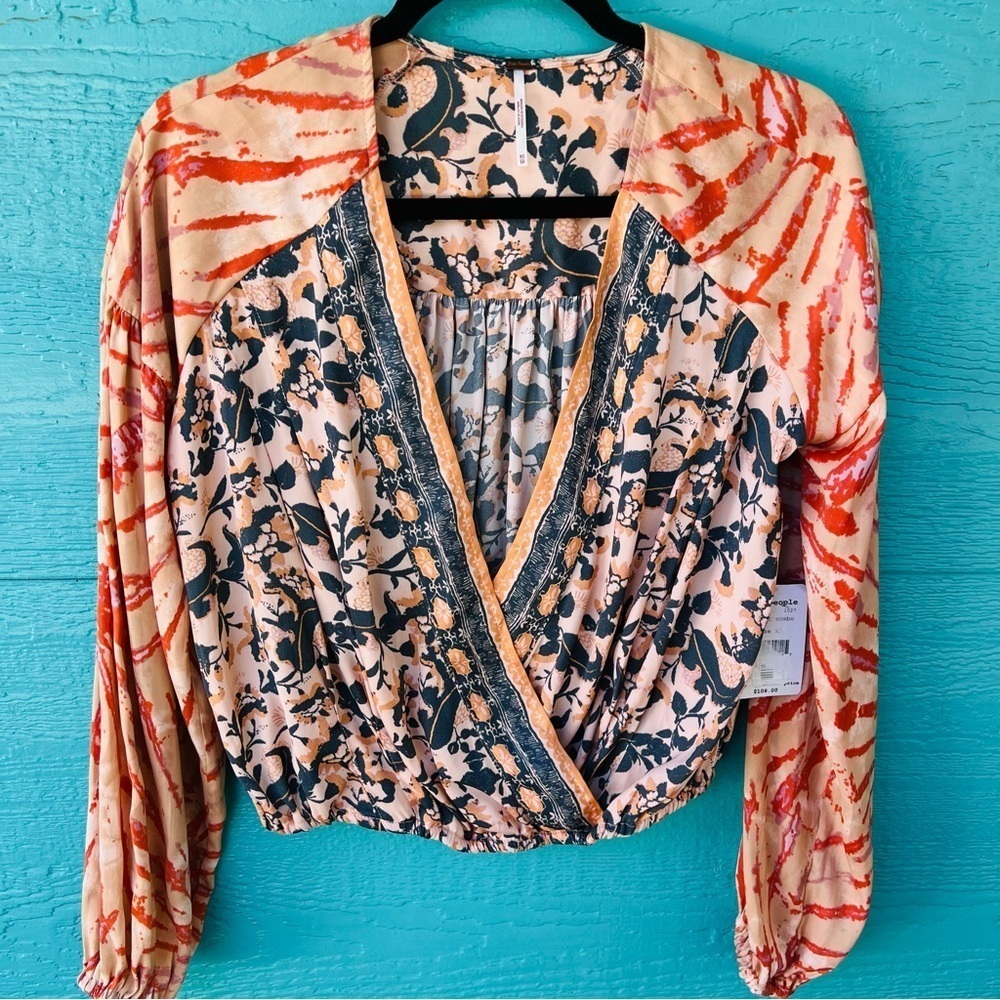 Free People Oversized Cruisin Together Mixed Print Top Surplice Wrap Cropped NWT